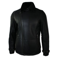 Miesten musta lampaannahkainen keskipitkä istuva takki ristivetoketjulla