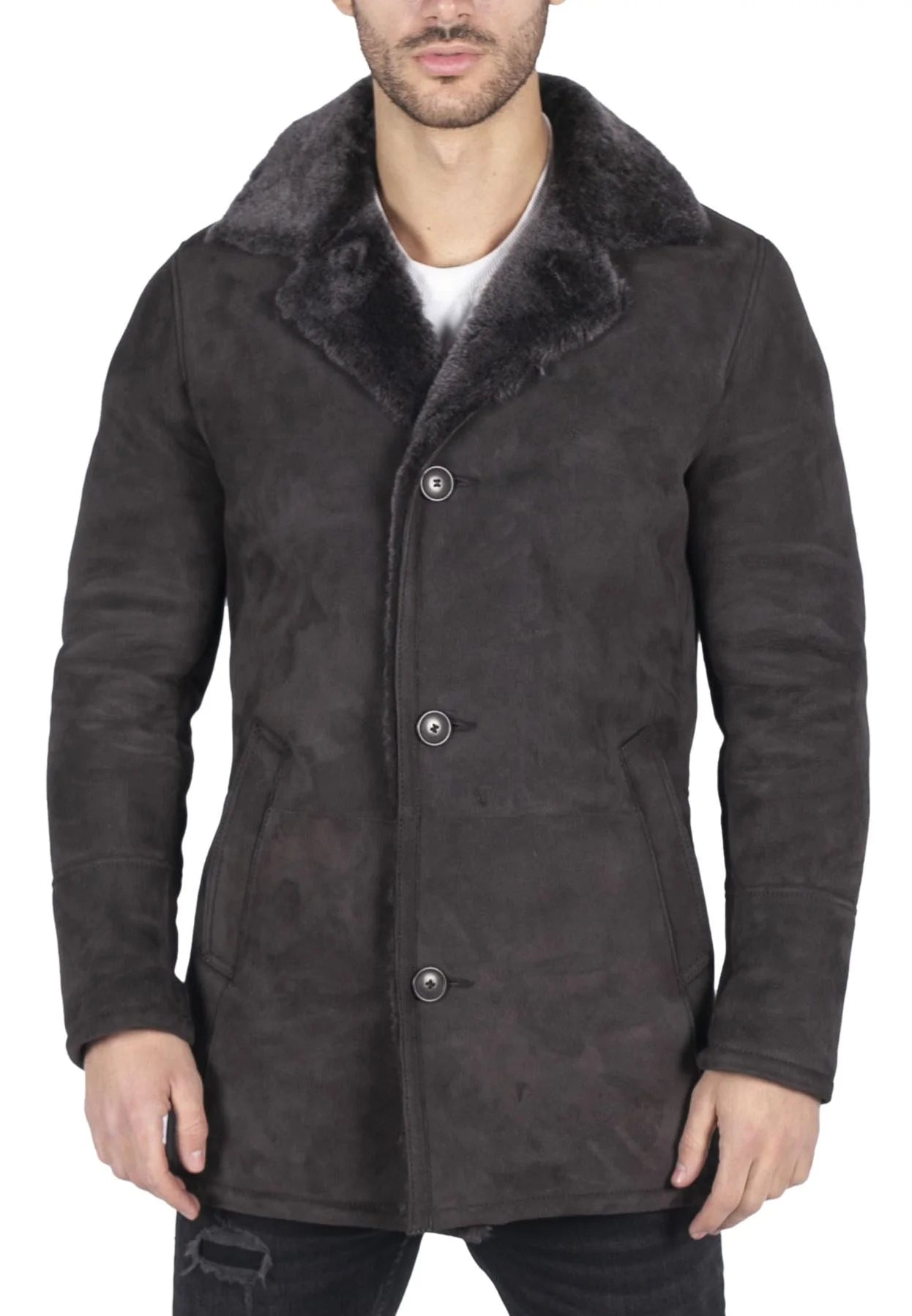 Miesten aito lampaannahkainen takki, ruskea, vintage-klassinen 3/4-takki, nappikaulus, v-aukkoinen