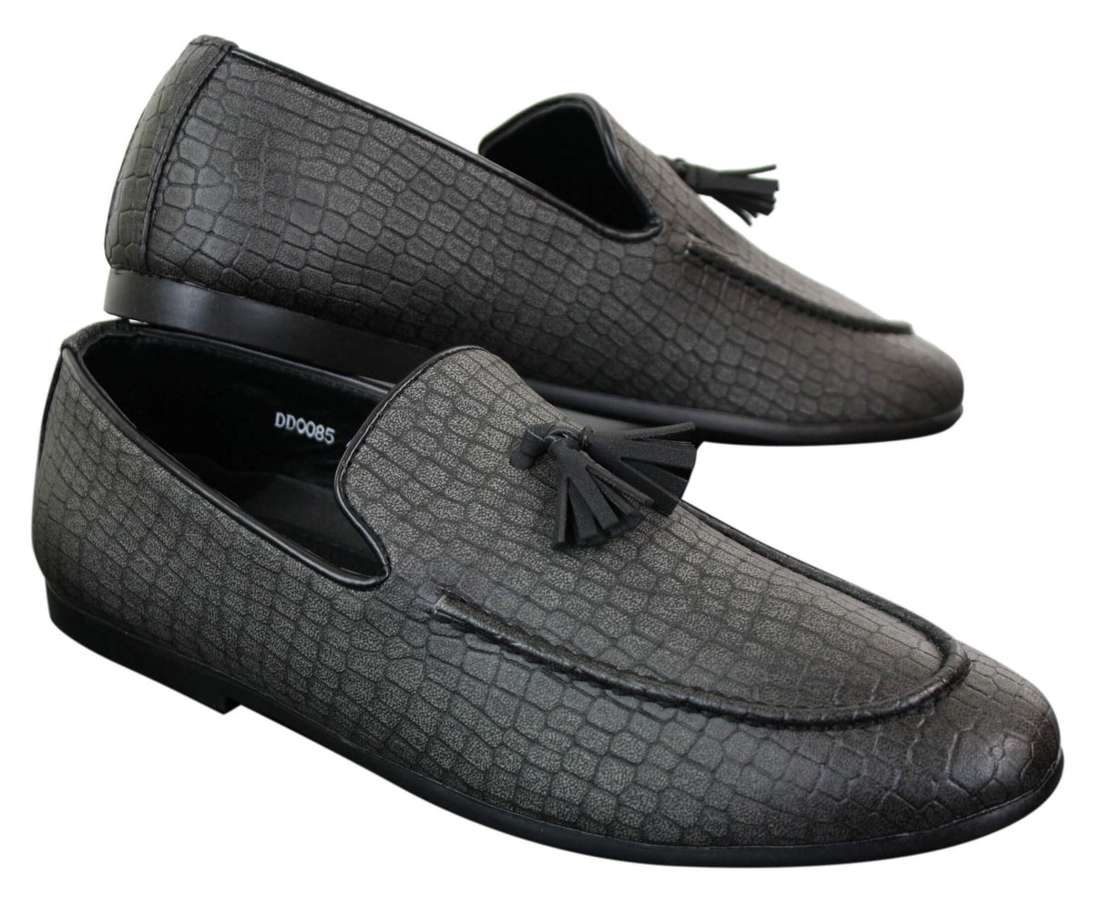 Elong DD0085 - Miesten käärmeenmuotoiset krokotiilinnahkaiset PU-loaferit, tupsuilla ja mukavuudella varustetut ajokengät, vintage-tyyliin