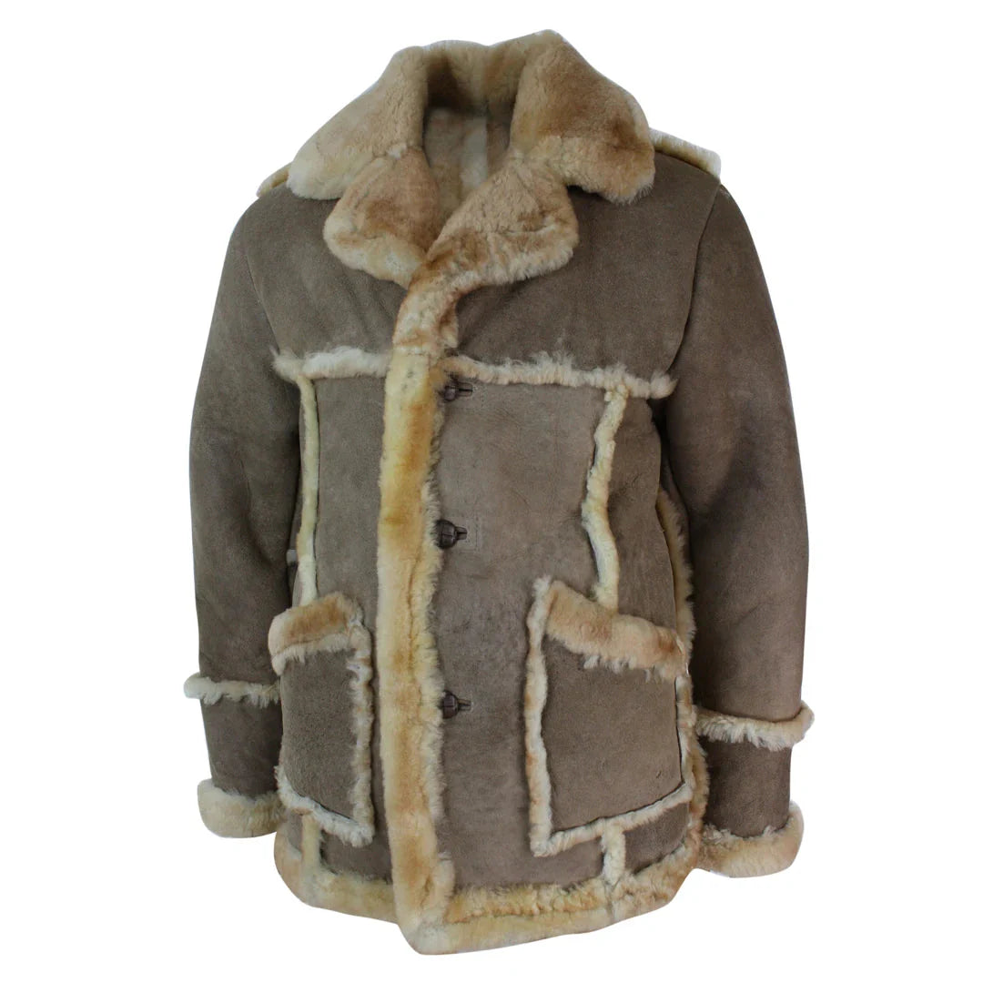 Miesten beige kermanruskea alkuperäinen 3/4 pitkä lampaannahkatakki