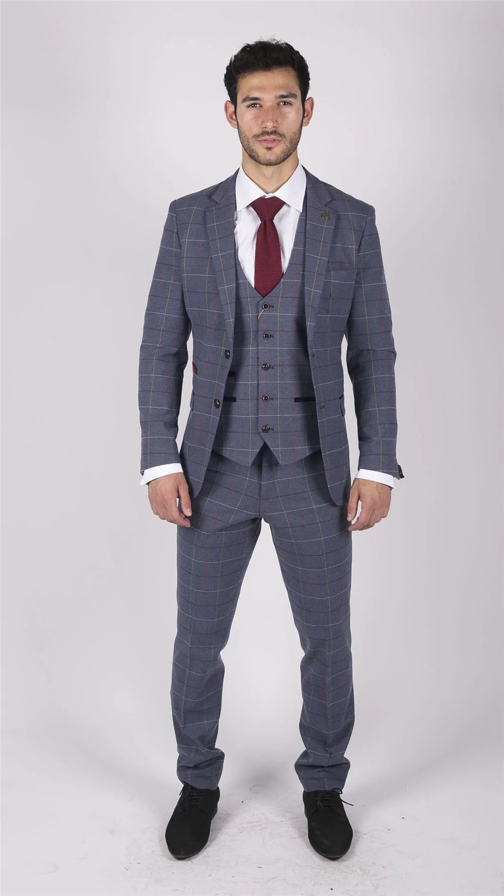 Miesten Marc Darcy sininen harmaa punainen ruudullinen kolmiosainen puku tyylikäs rento tweed-puku, kapea istuvuus, Drake