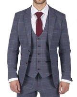 Miesten Marc Darcy sininen harmaa punainen ruudullinen kolmiosainen puku tyylikäs rento tweed-puku, kapea istuvuus, Drake