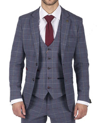 Miesten Marc Darcy sininen harmaa punainen ruudullinen kolmiosainen puku tyylikäs rento tweed-puku, kapea istuvuus, Drake