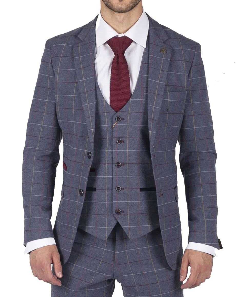 Miesten Marc Darcy sininen harmaa punainen ruudullinen kolmiosainen puku tyylikäs rento tweed-puku, kapea istuvuus, Drake