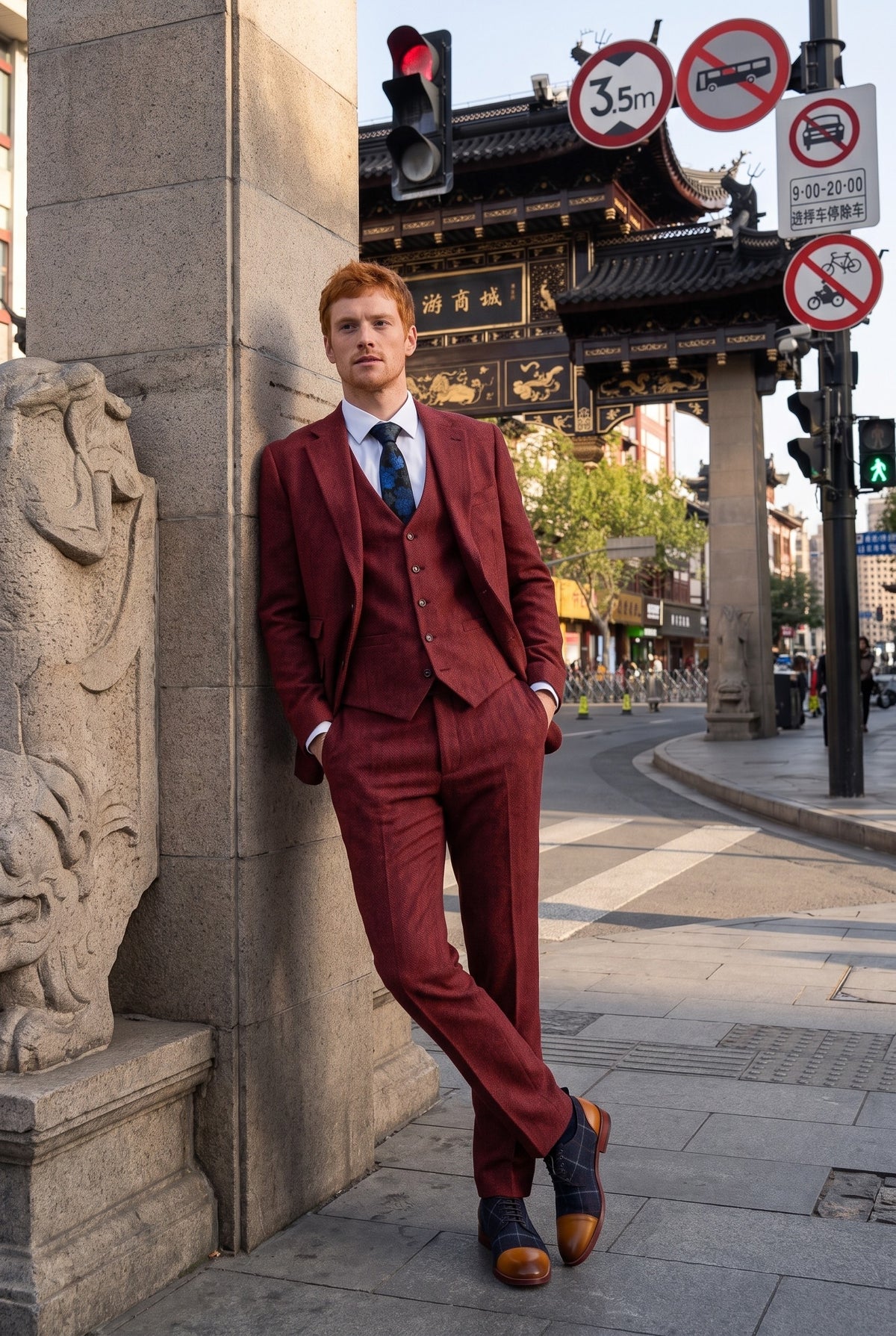 Look #271 styled with Miesten viininpunainen, kolmiosainen tweedpuku kalanruotokuviolla - STZ11