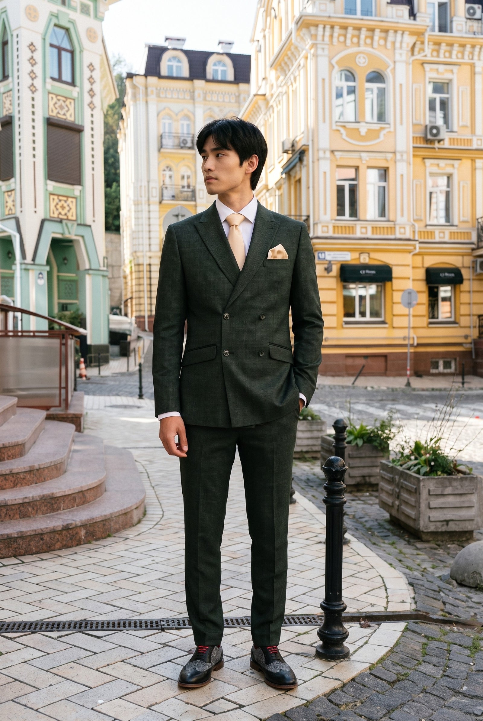 Look #780 styled with Caridi - Miesten kaksiosainen oliivinvihreä kaksirivinen puku