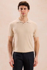 Miesten beige ribbineuleinen poolopaita