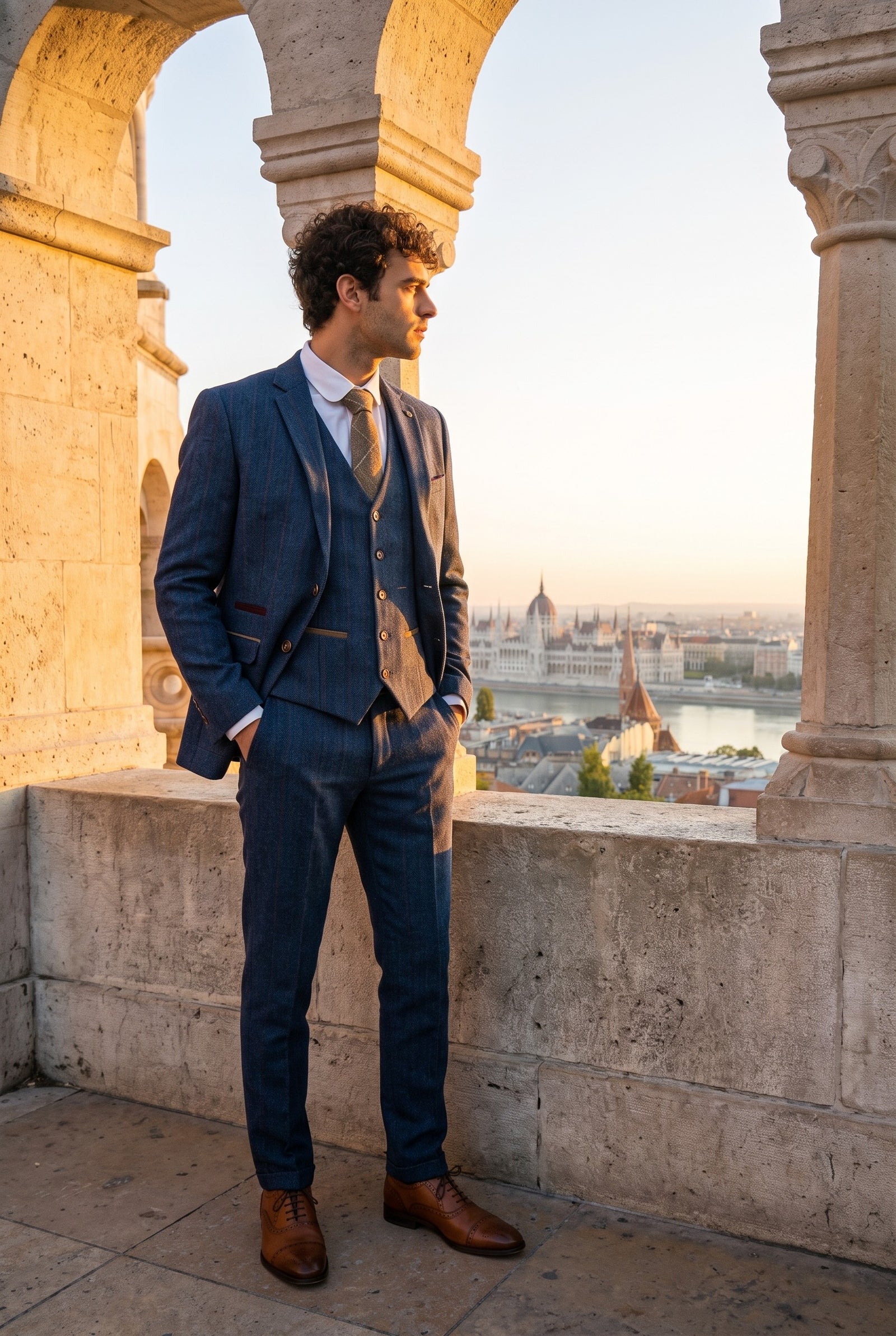 Look #365 styled with Scott miesten sininen kolmiosainen tweed-ruutupuku