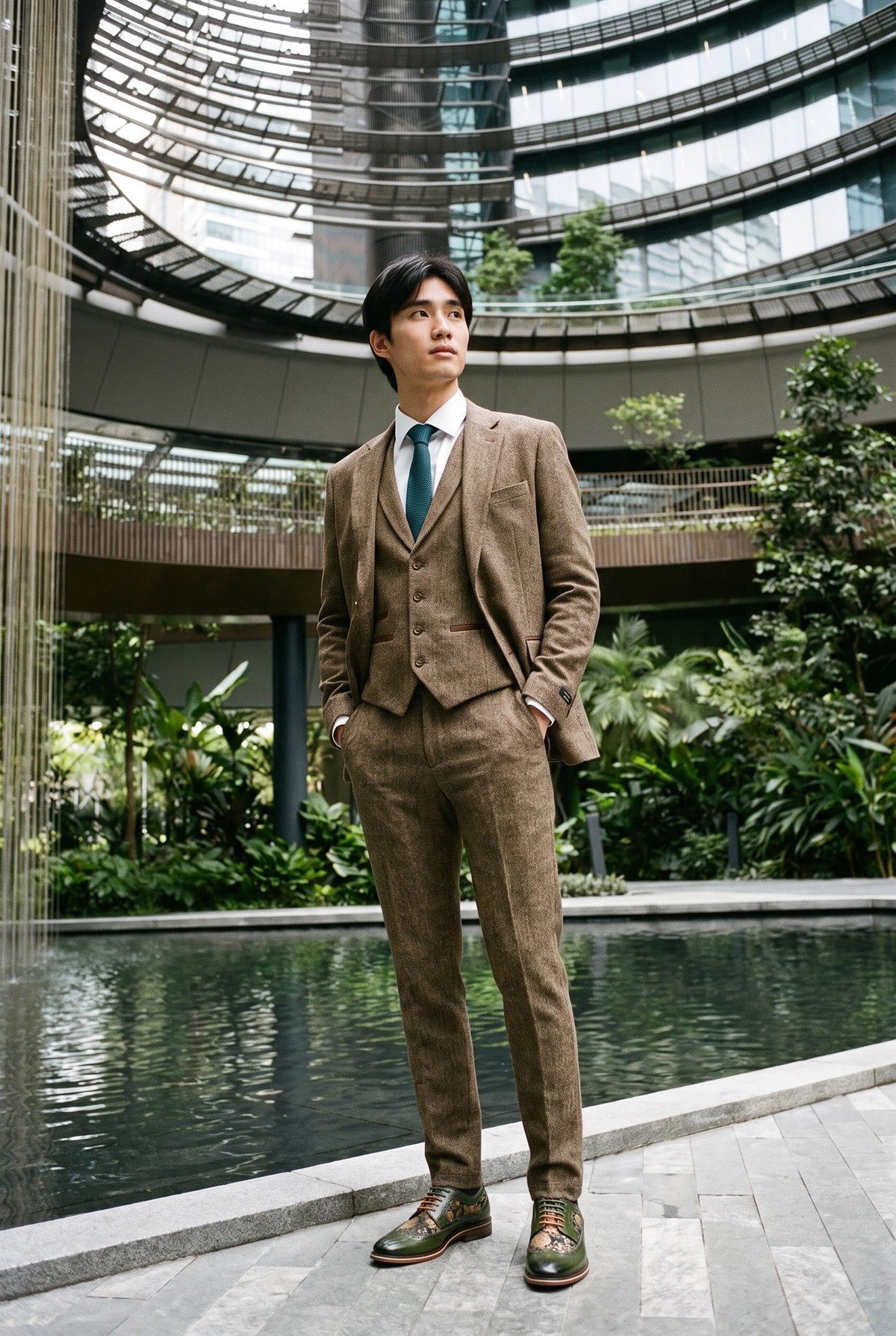 Look #939 styled with Tammenruskea kalanruotokuvioinen tweed-puku, kolmiosainen
