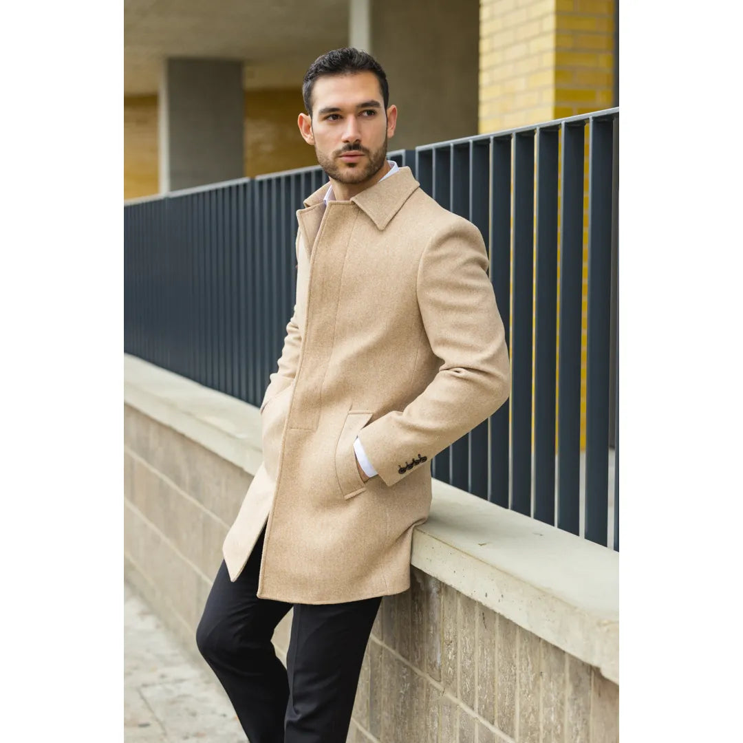 Miesten klassinen kaulusvillasekoitteinen beige päällystakki