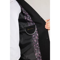 Miesten musta villasekoitteinen päällystakki, jossa lovi kaulus ja kaulus