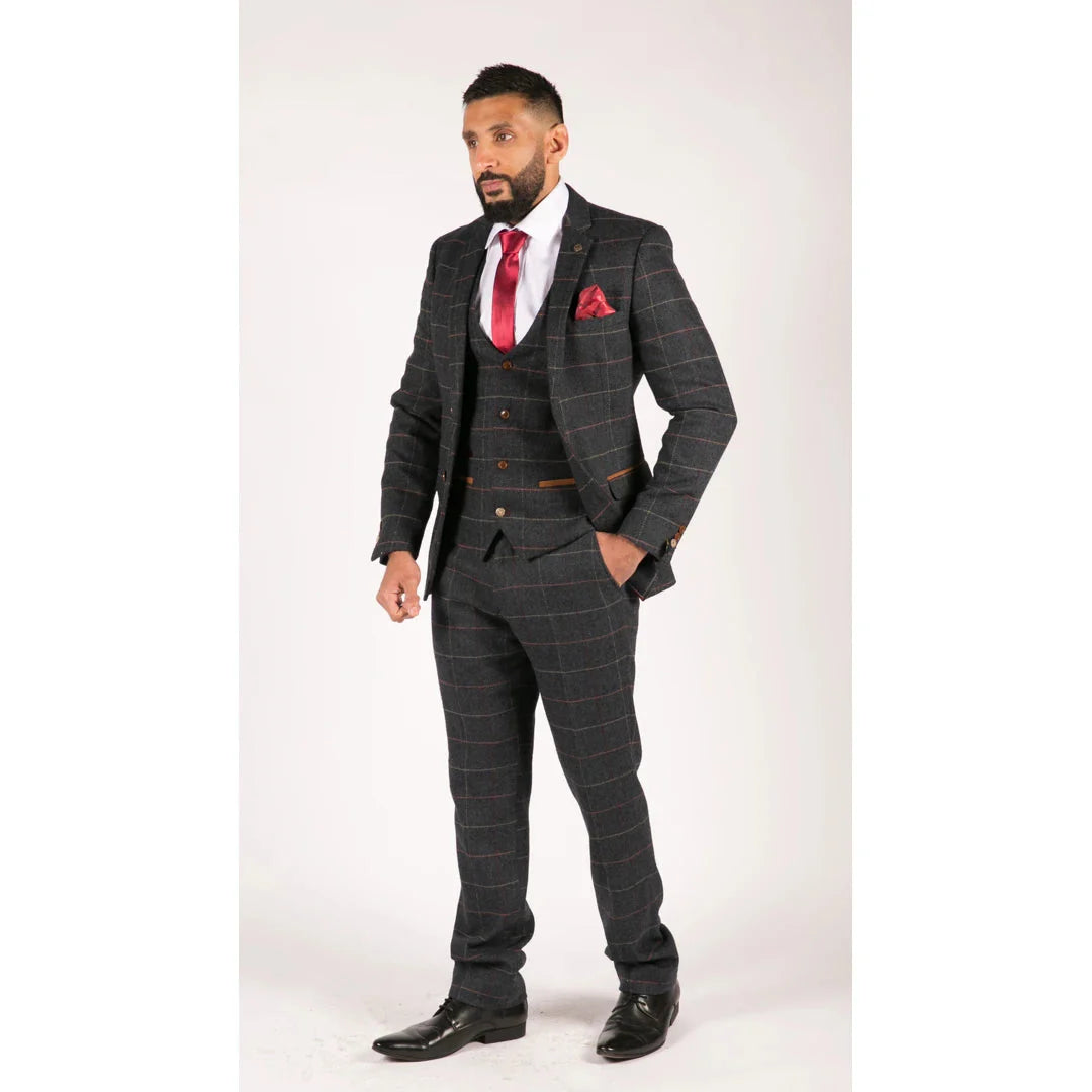 Miesten tummansininen viininruudullinen kalanruotokuvioinen tweedpuku, vintage, kolmiosainen Marc Darcy -puku