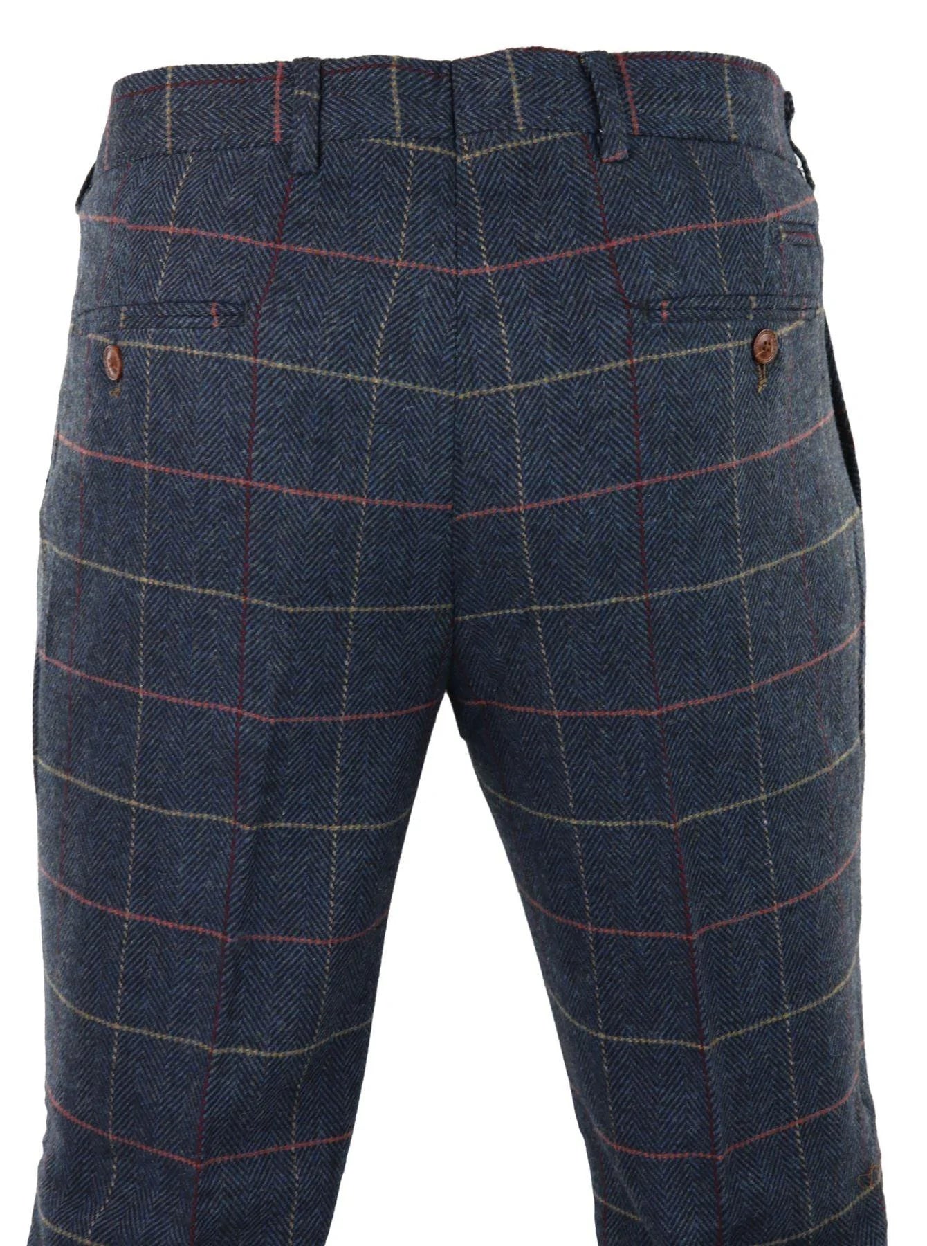Miesten tummansiniset viininpunaiset ruudulliset kalanruotokuvioiset tweedhousut, vintage, uusi Marc Darcy