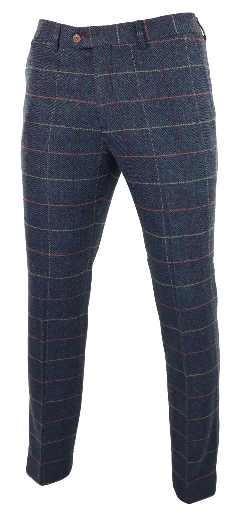 Miesten tummansiniset viininpunaiset ruudulliset kalanruotokuvioiset tweedhousut, vintage, uusi Marc Darcy