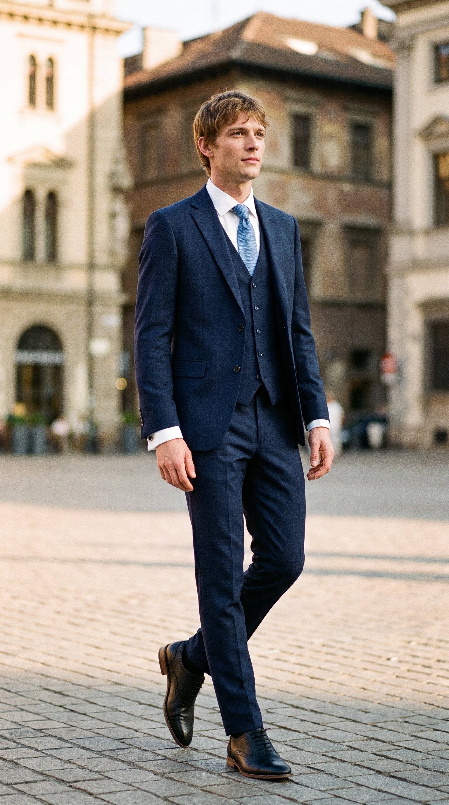 Look #822 styled with James - Miesten tummansininen kolmiosainen villainen mittatilauspuku