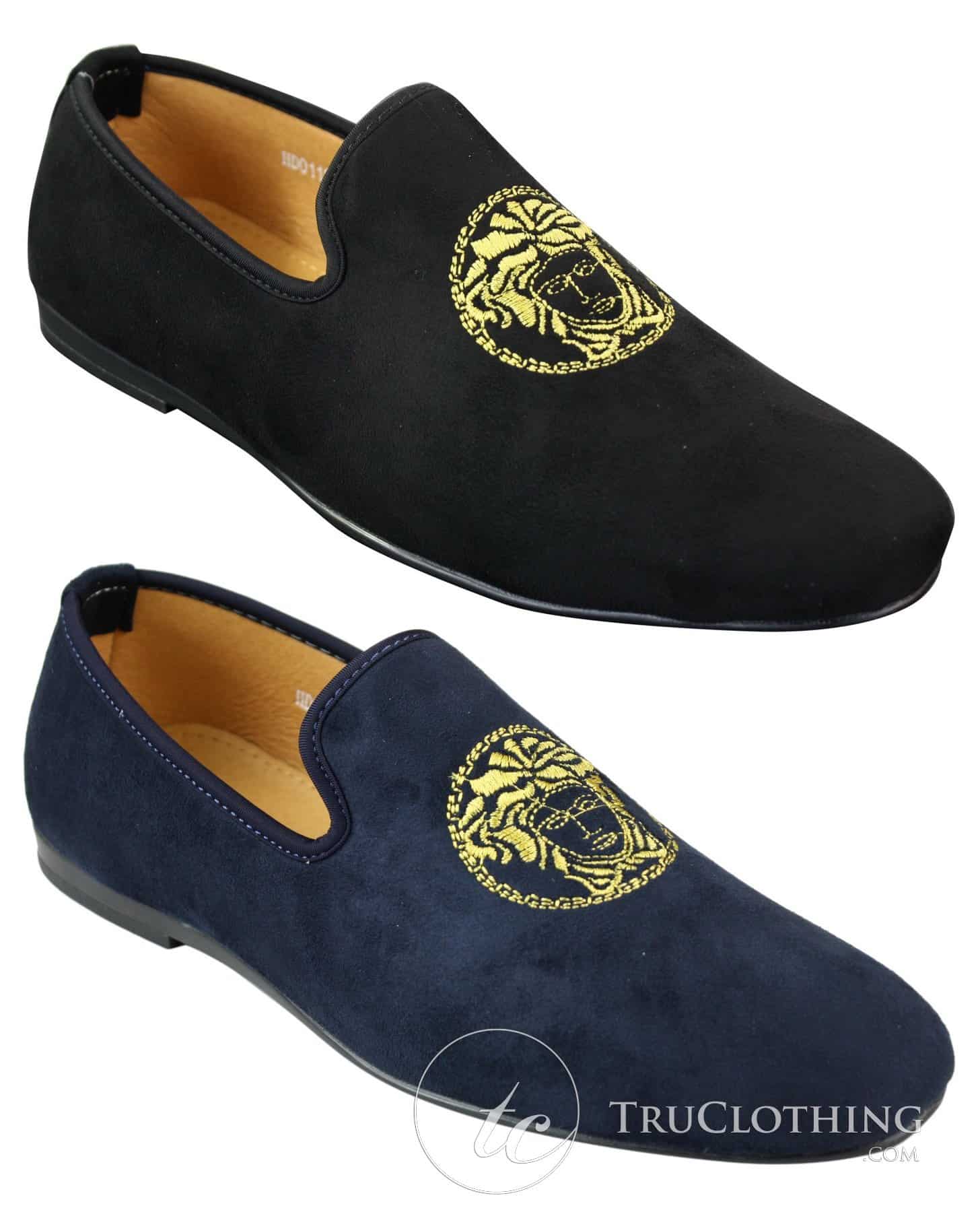 Fiorello HD0112-04 - Miesten mustat ikoniset Medusa-slip-on-loaferit, mokkasiinit, PU-mokkanahka, italialaiset ajokengät