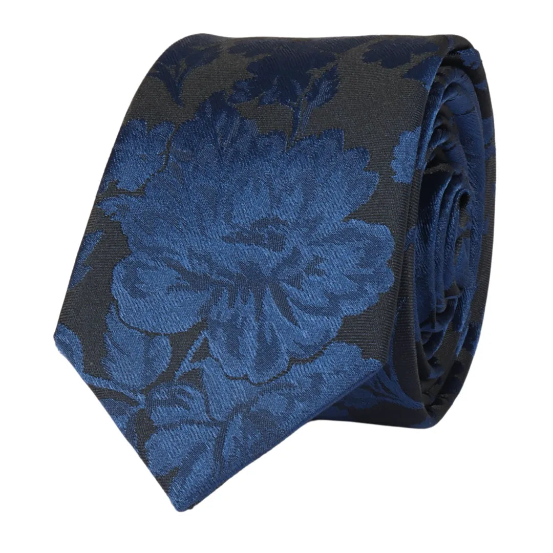 Miesten solmio taskulla ja neliöllä - muodollinen kukkakuvioinen solmio - Laivastonsininen