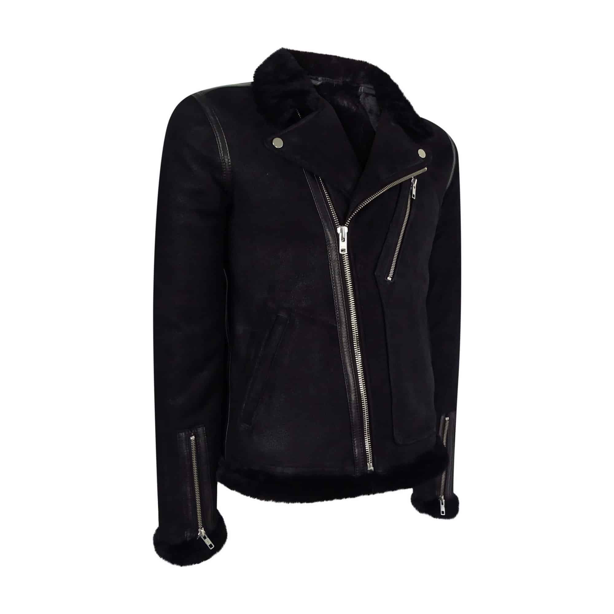 Miesten musta lampaannahkainen Brando-biker-takki