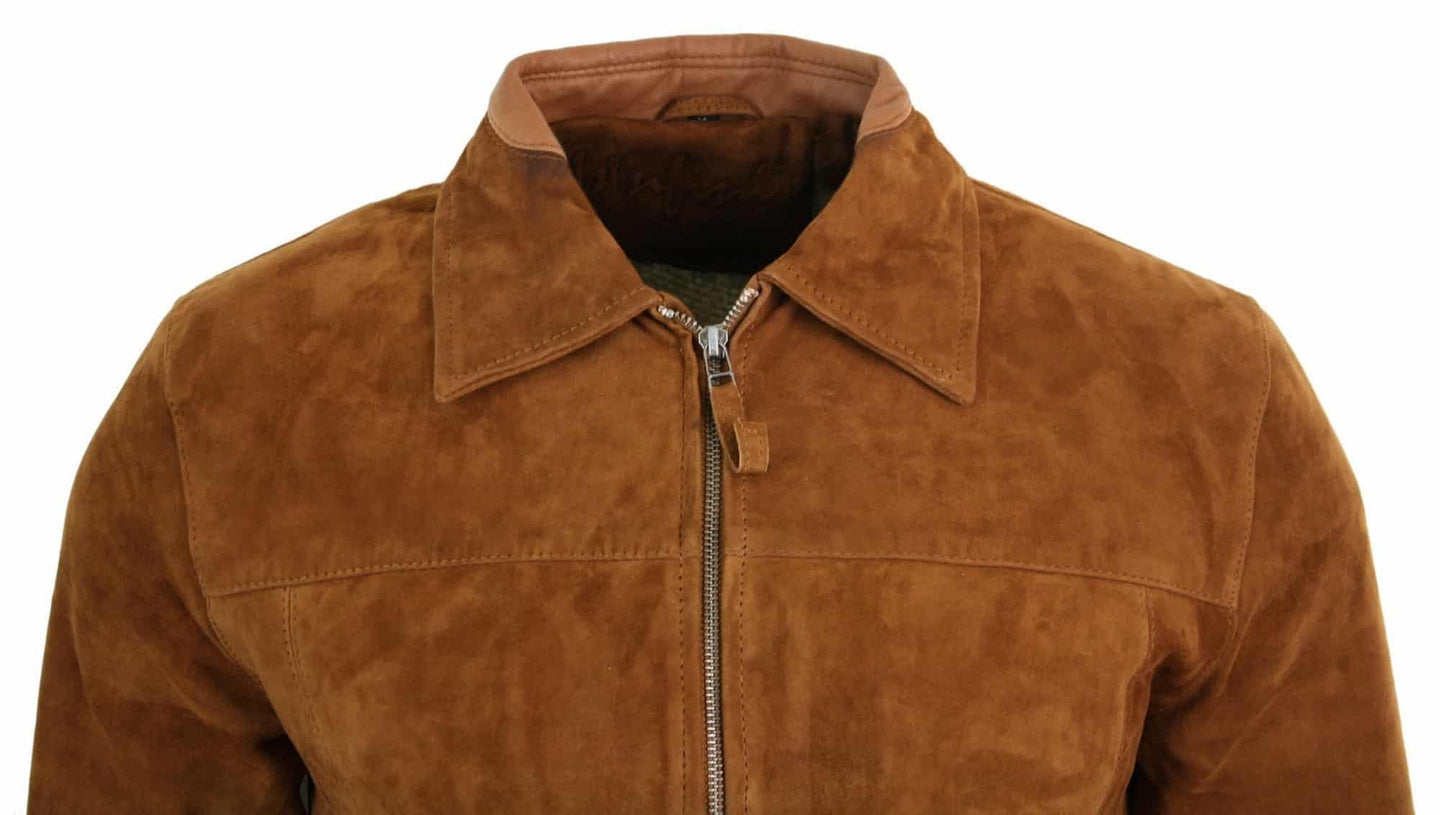 Infinity G500 Suede - Miesten vetoketjullinen klassinen nahkatakki, kamelinvärinen, käännettävä kaulus, vintage-retro