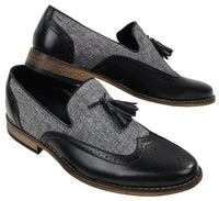 Miesten tweed- ja nahkaiset loaferit ajokengät, slip-on-kengät, tupsukuvio, vintage-retro