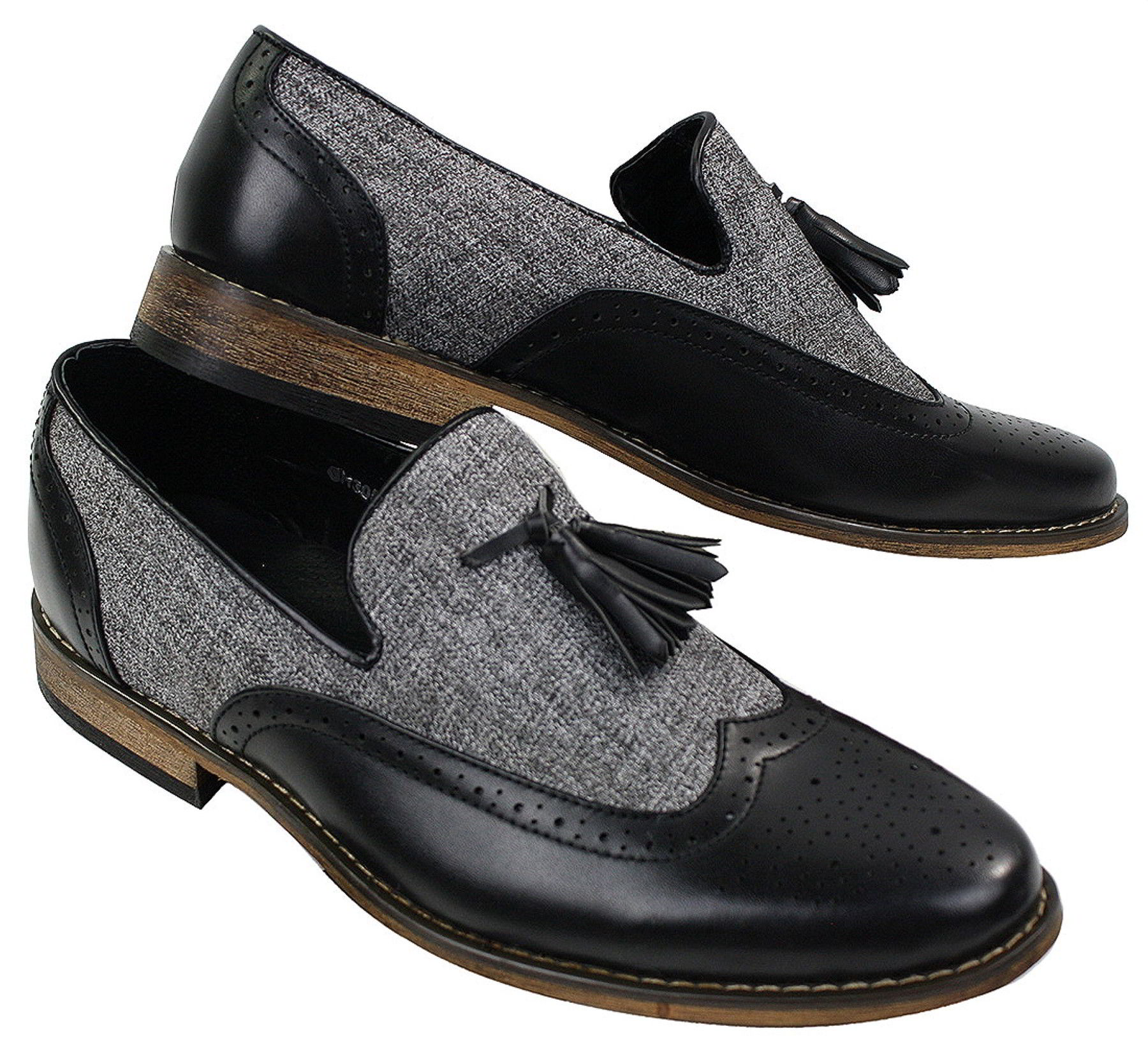 Miesten tweed- ja nahkaiset loaferit ajokengät, slip-on-kengät, tupsukuvio, vintage-retro