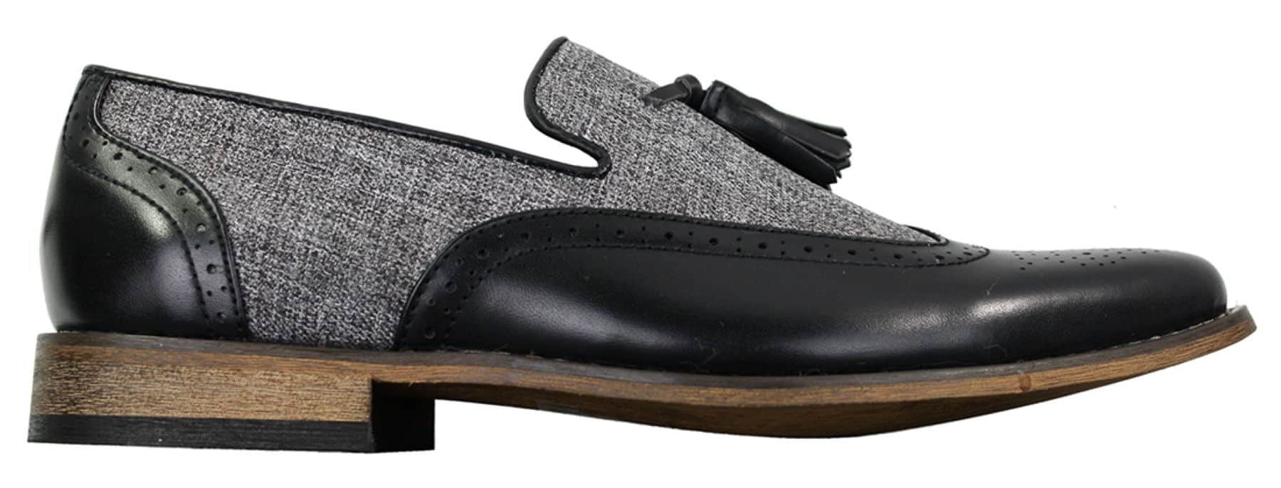 Miesten tweed- ja nahkaiset loaferit ajokengät, slip-on-kengät, tupsukuvio, vintage-retro