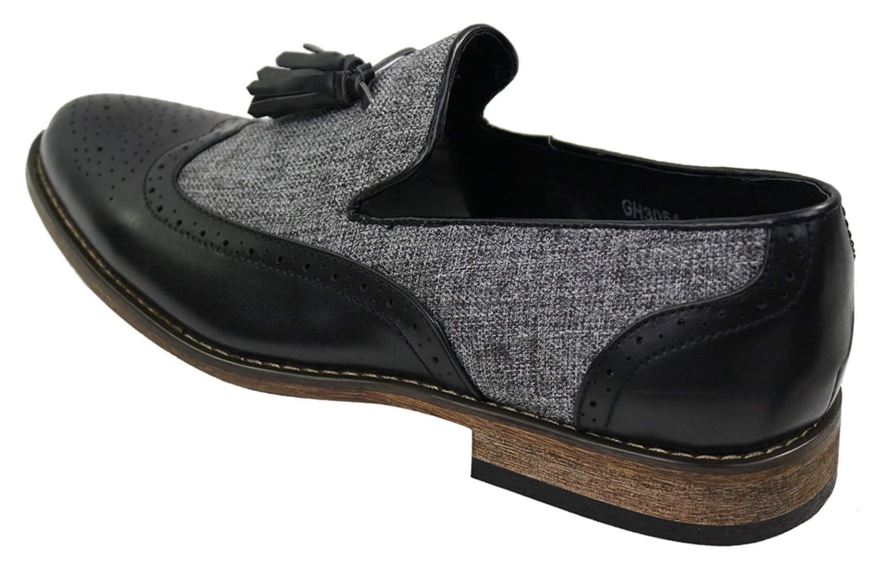 Miesten tweed- ja nahkaiset loaferit ajokengät, slip-on-kengät, tupsukuvio, vintage-retro