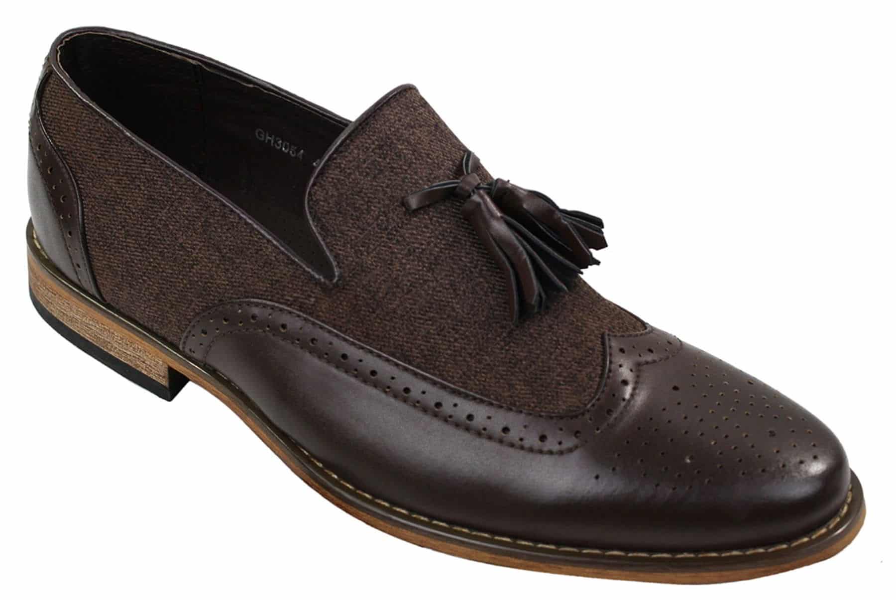 Miesten tweed- ja nahkaiset loaferit ajokengät, slip-on-kengät, tupsukuvio, vintage-retro