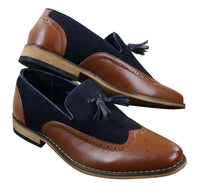 Miesten tweed- ja nahkaiset loaferit ajokengät, slip-on-kengät, tupsukuvio, vintage-retro