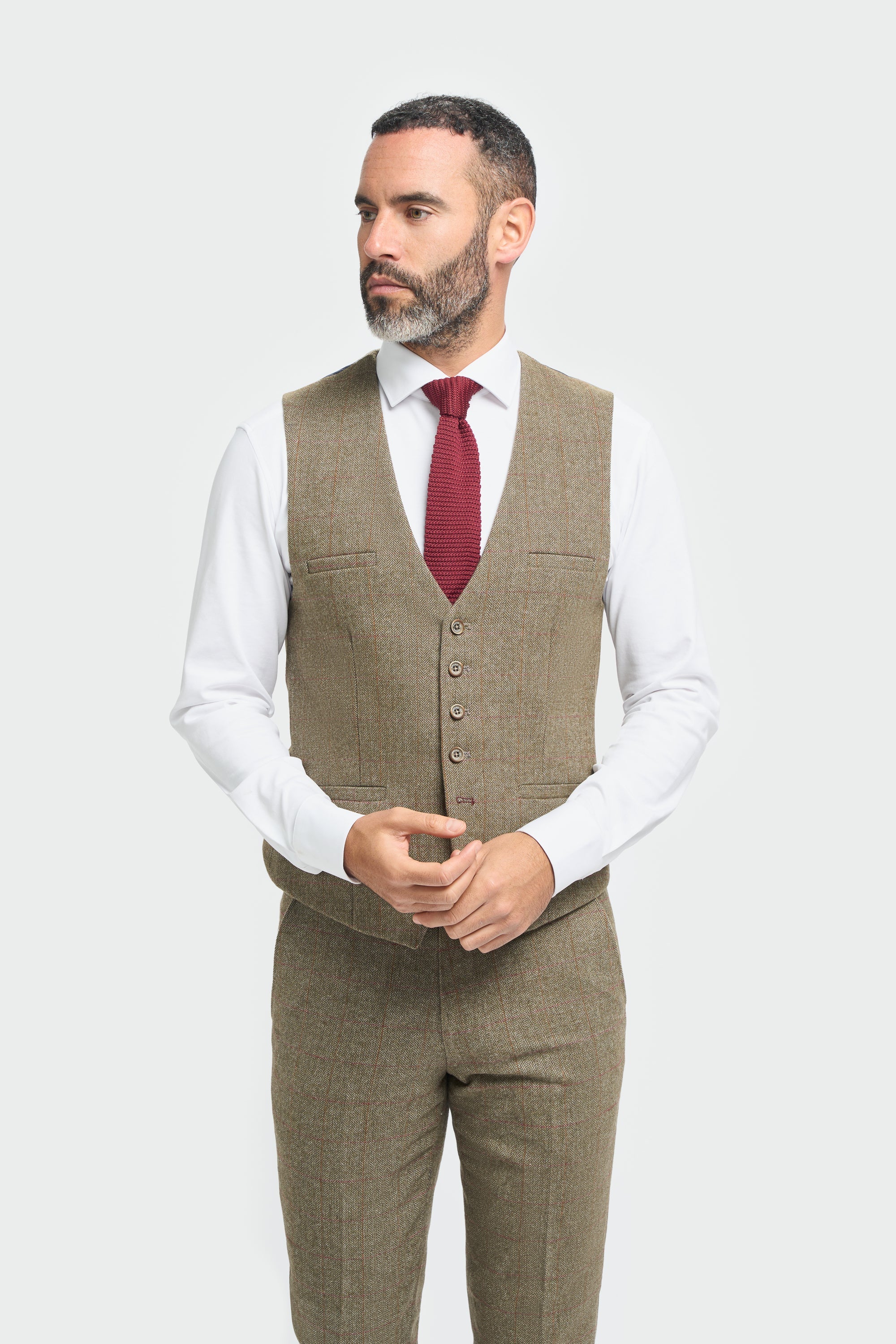 Miesten oliivinvihreä tweed-ruutupuku
