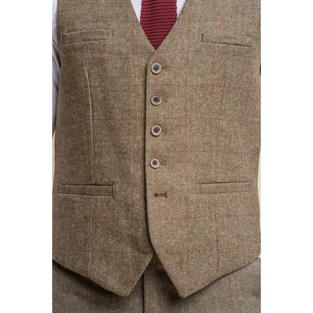 Gaston - Miesten oliivinvihreä tweed-ruutuliivi