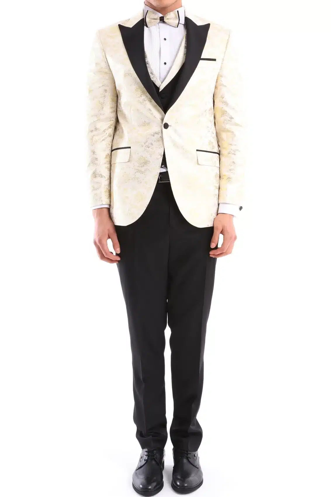 Miesten 3-osainen kermanvärinen musta norsunluunvärinen puku rusetti smokki seremonia häät sulhasen tanssiaiset