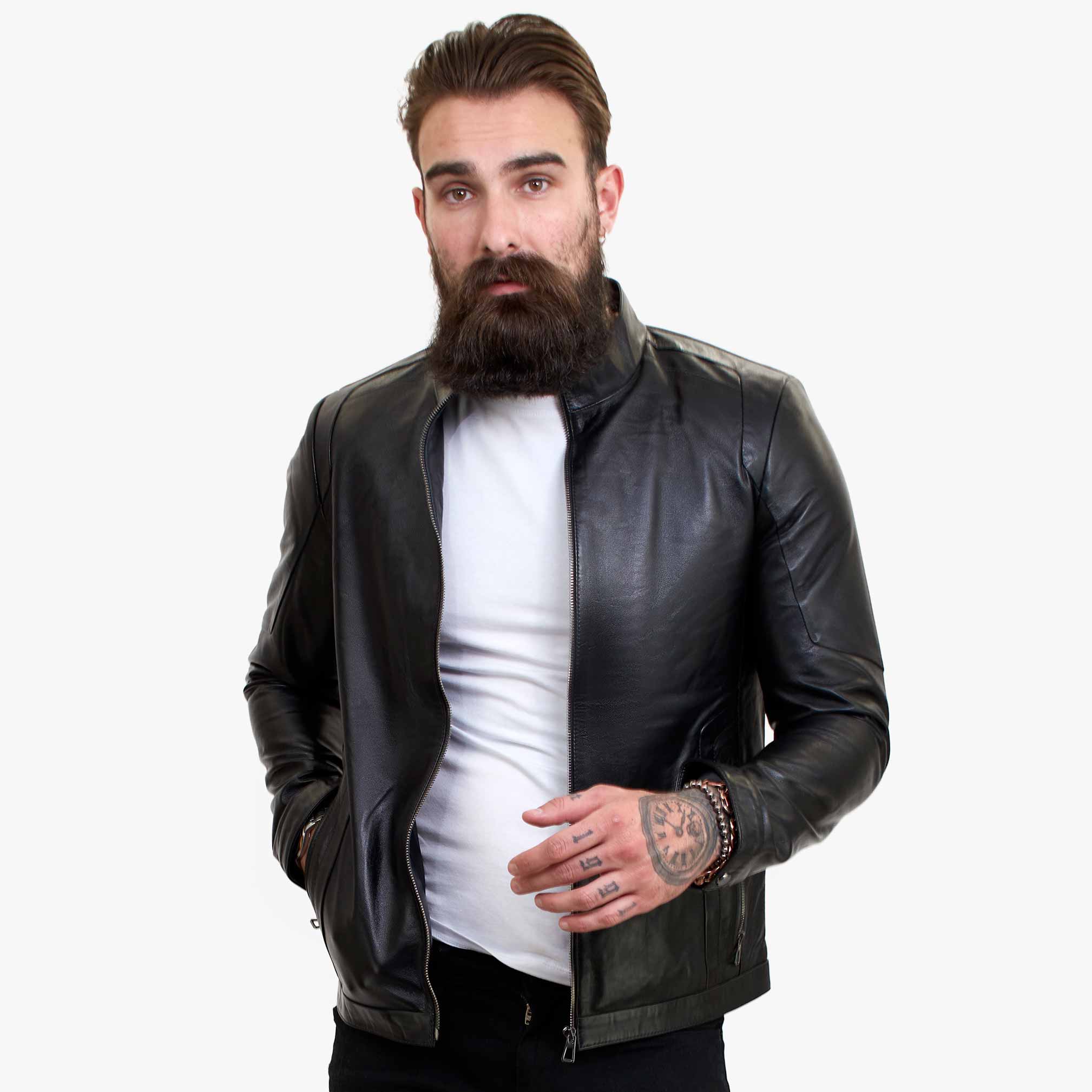 Happy Gentleman B102 - Miesten musta biker-takki, mittatilaustyönä tehty aidosta nahasta