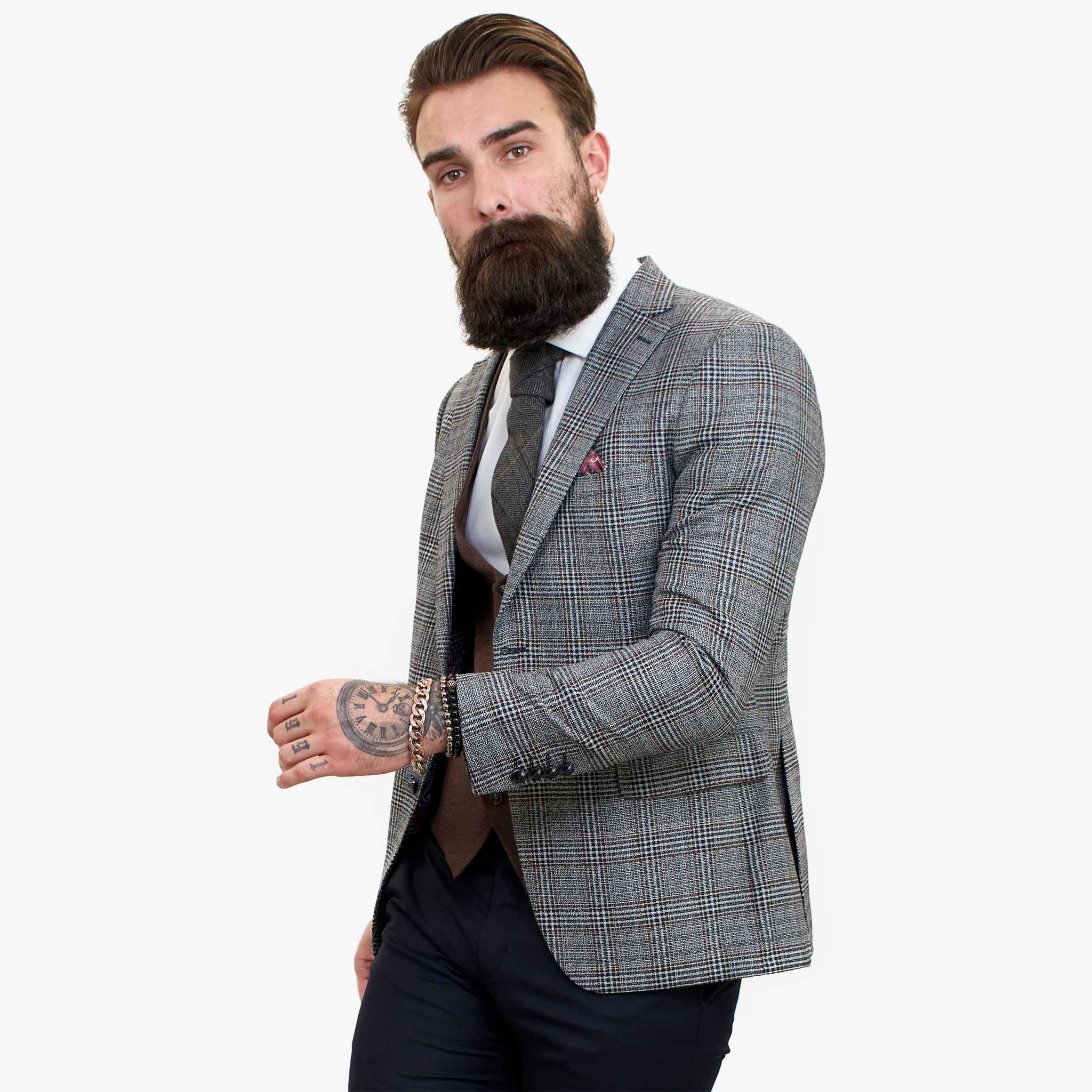 Happy Gentleman ELEGANTE -villainen kolmiosainen puku ja kontrastivärinen ruskea liivi