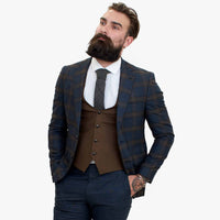 Happy Gentleman GRAZIE tummansininen villainen kolmiosainen puku ja kontrastivärinen ruskea liivi