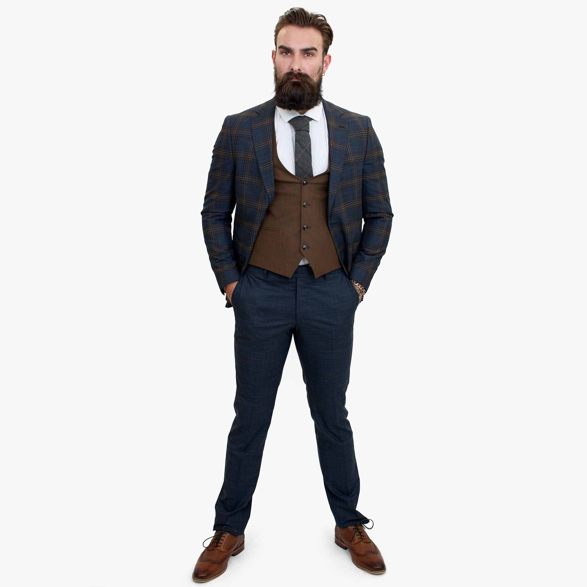 Happy Gentleman GRAZIE tummansininen villainen kolmiosainen puku ja kontrastivärinen ruskea liivi
