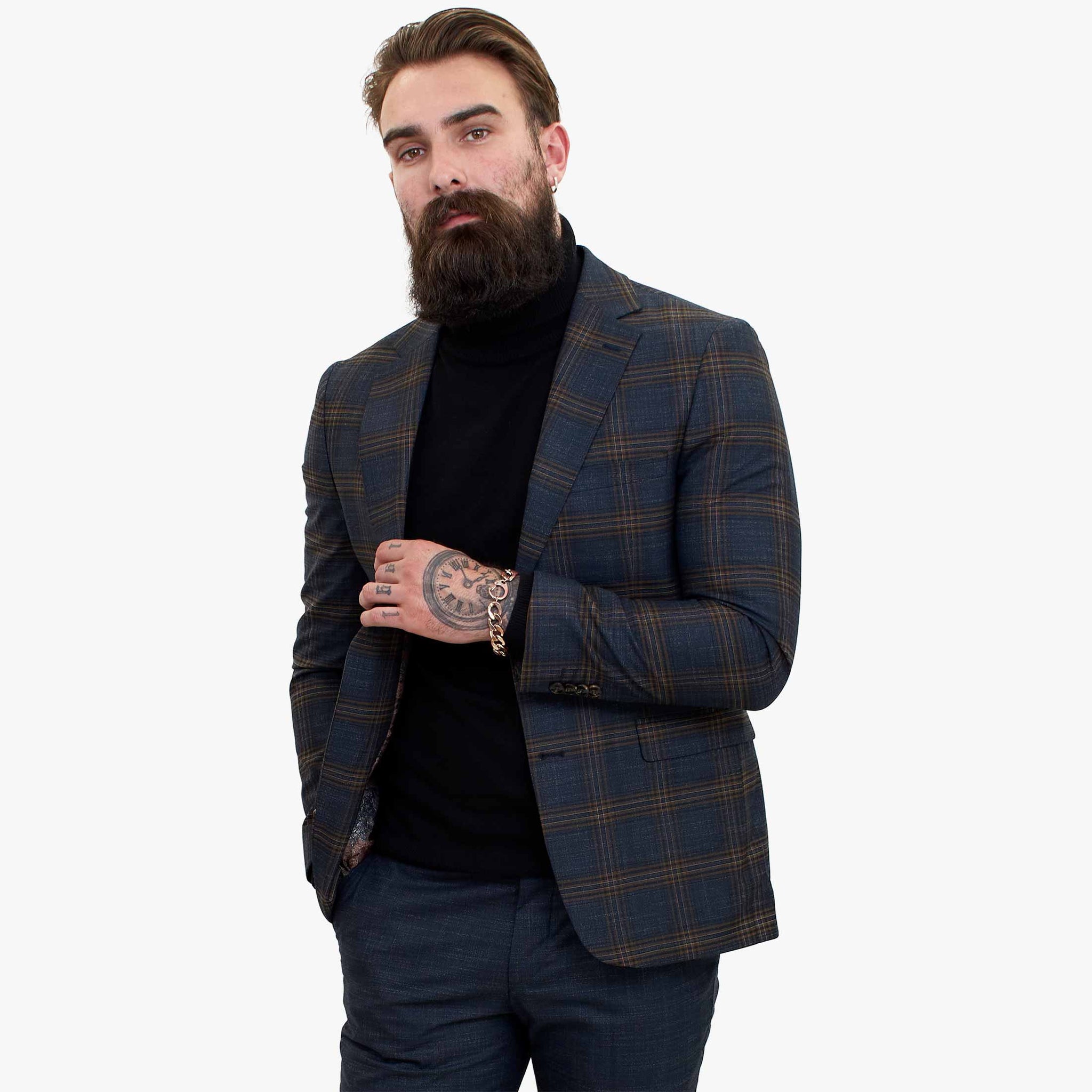 Happy Gentleman GRAZIE tummansininen villainen kolmiosainen puku ja kontrastivärinen ruskea liivi