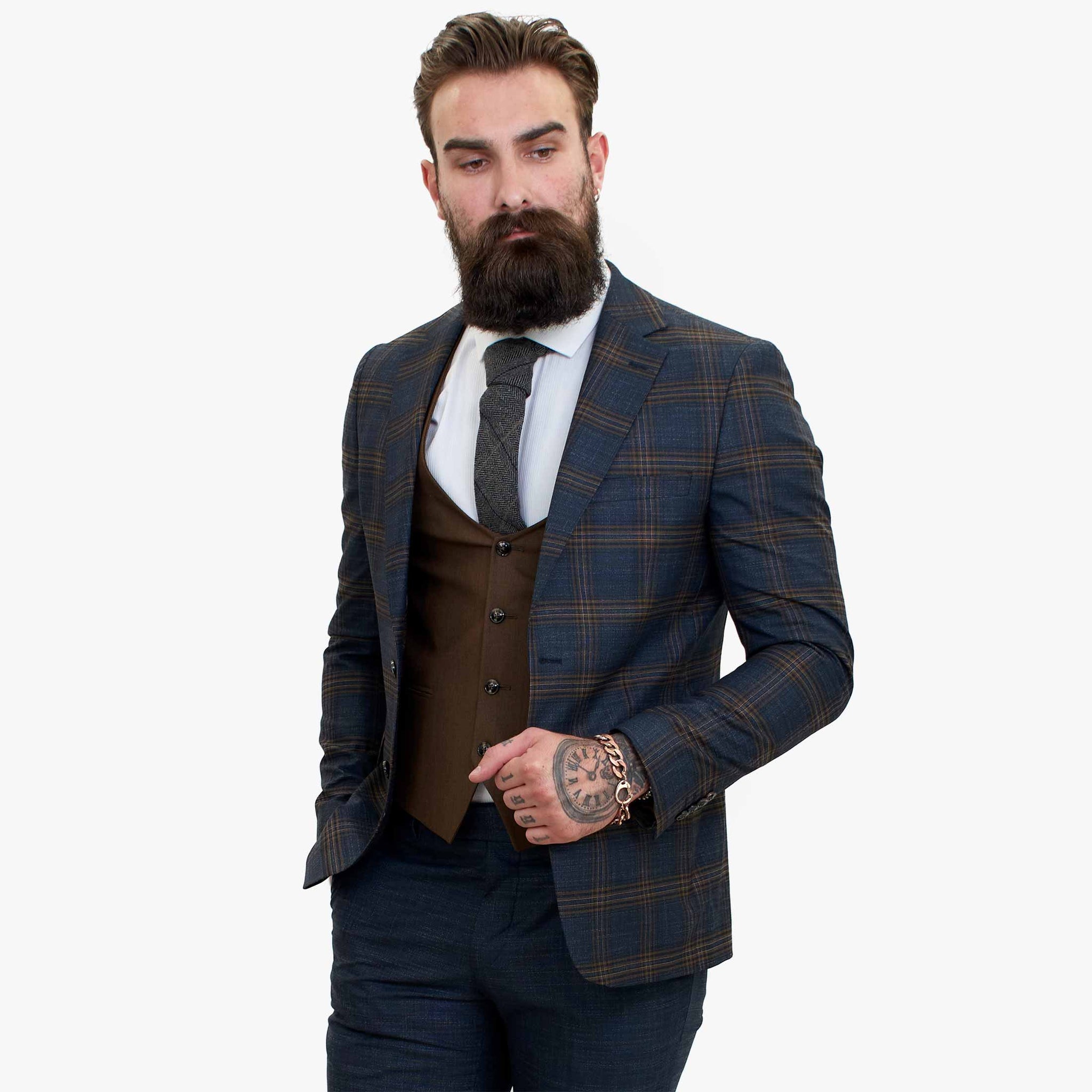Happy Gentleman GRAZIE tummansininen villainen kolmiosainen puku ja kontrastivärinen ruskea liivi