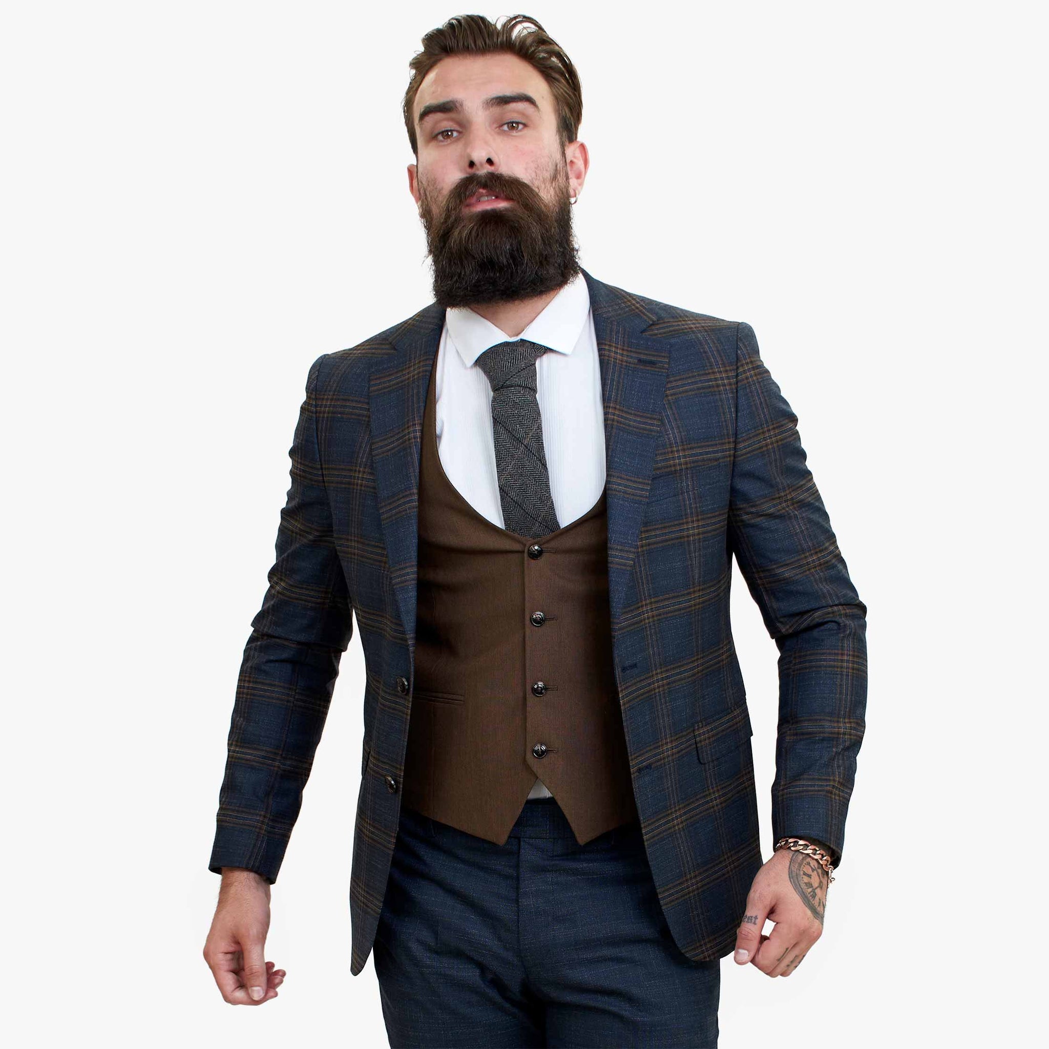 Happy Gentleman GRAZIE tummansininen villainen kolmiosainen puku ja kontrastivärinen ruskea liivi