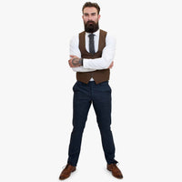 Happy Gentleman GRAZIE tummansininen villainen kolmiosainen puku ja kontrastivärinen ruskea liivi