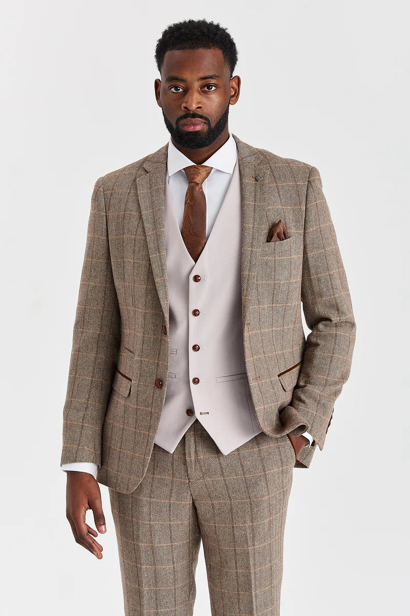 Harrisin ruskea tweed-puku ja Mayfair Stone -liivi