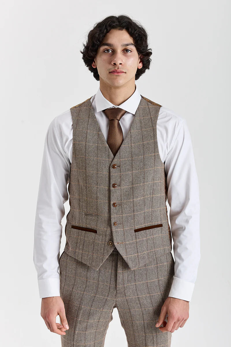 Harris - Ruskea tweed-kuvioinen kalanruotokuvioinen ruutuliivi miehille