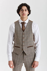 Harris - Ruskea tweed-kuvioinen kalanruotokuvioinen ruutuliivi miehille