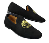 Fiorello HD0112-04 - Miesten mustat ikoniset Medusa-slip-on-loaferit, mokkasiinit, PU-mokkanahka, italialaiset ajokengät