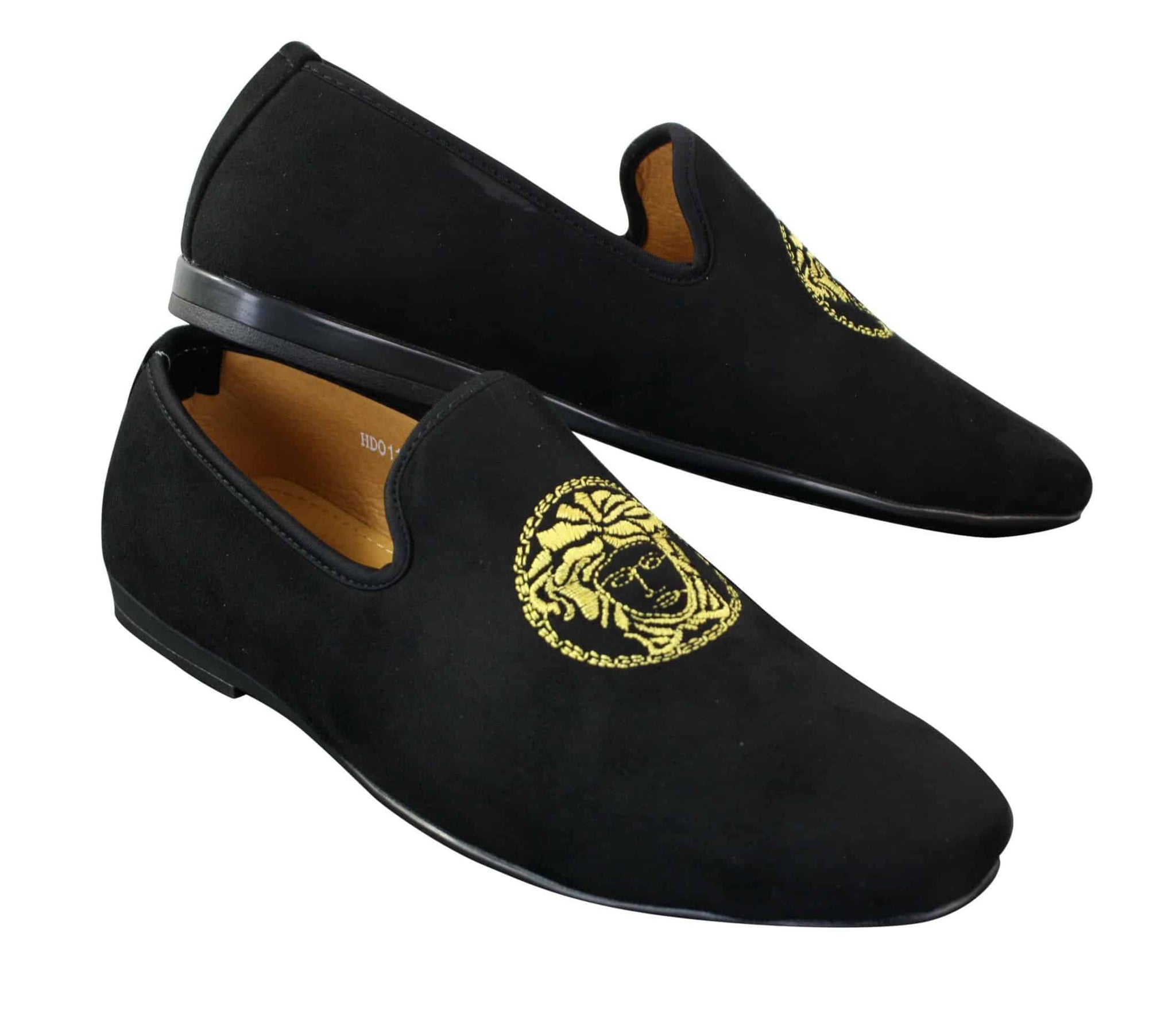 Fiorello HD0112-04 - Miesten mustat ikoniset Medusa-slip-on-loaferit, mokkasiinit, PU-mokkanahka, italialaiset ajokengät