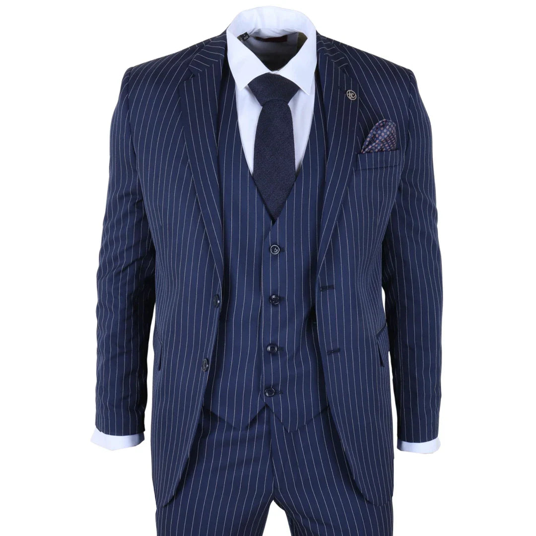 IM43 - Miesten tummansininen kolmiosainen Shelby-tyylinen pinstripe-puku
