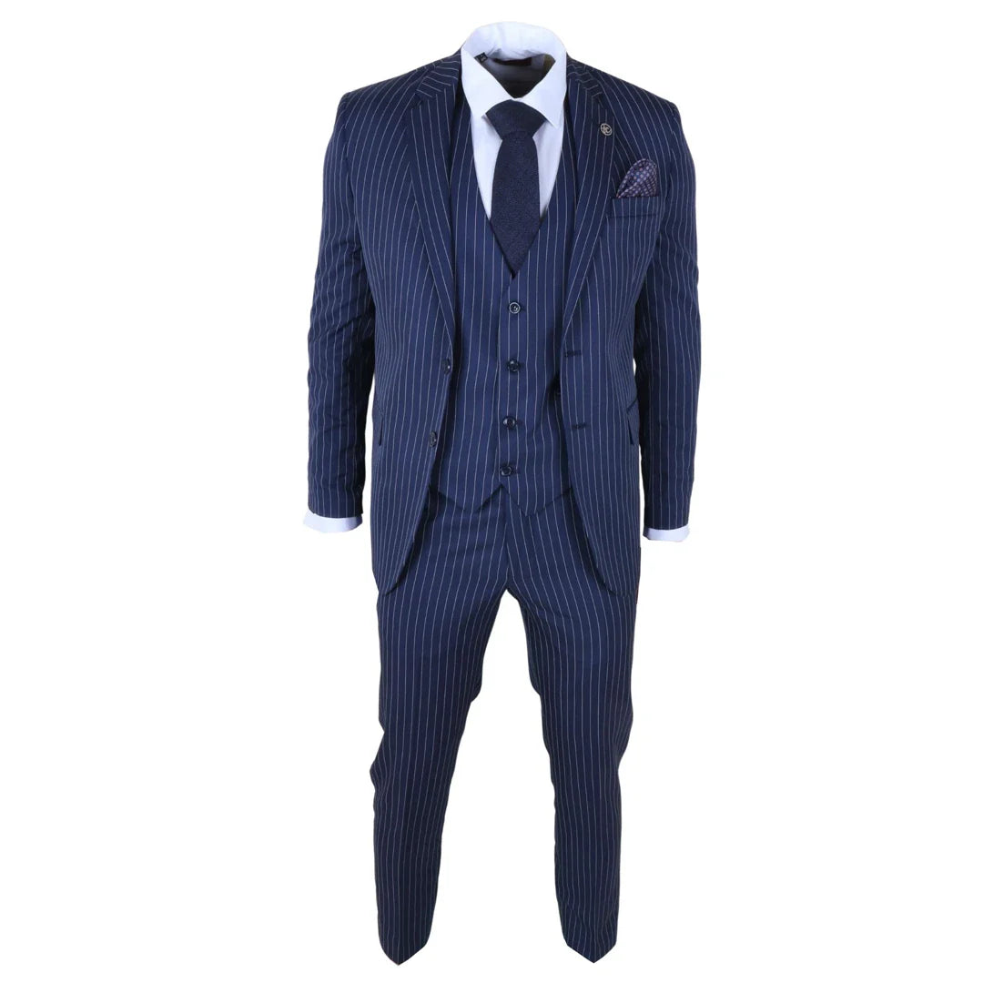 IM43 - Miesten tummansininen kolmiosainen Shelby-tyylinen pinstripe-puku