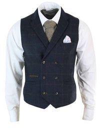 Miesten kaksirivinen kalanruotokuvioinen tweed-liivi Peaky Blinders Vintage -ruutuliivi tummansininen