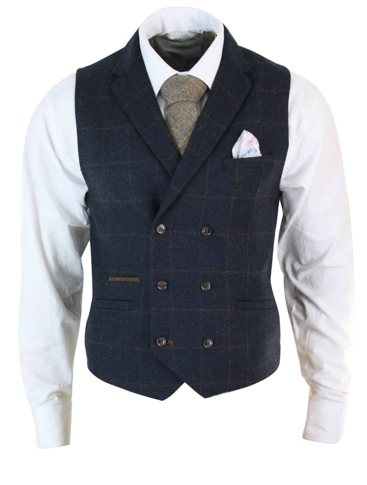 Miesten kaksirivinen kalanruotokuvioinen tweed-liivi Peaky Blinders Vintage -ruutuliivi tummansininen