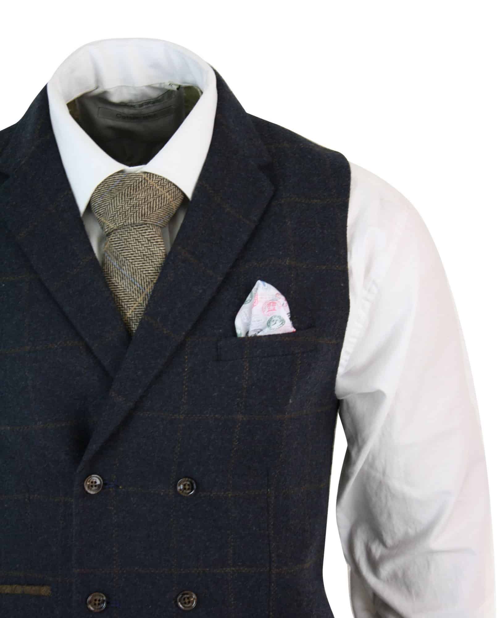 Miesten kaksirivinen kalanruotokuvioinen tweed-liivi Peaky Blinders Vintage -ruutuliivi tummansininen